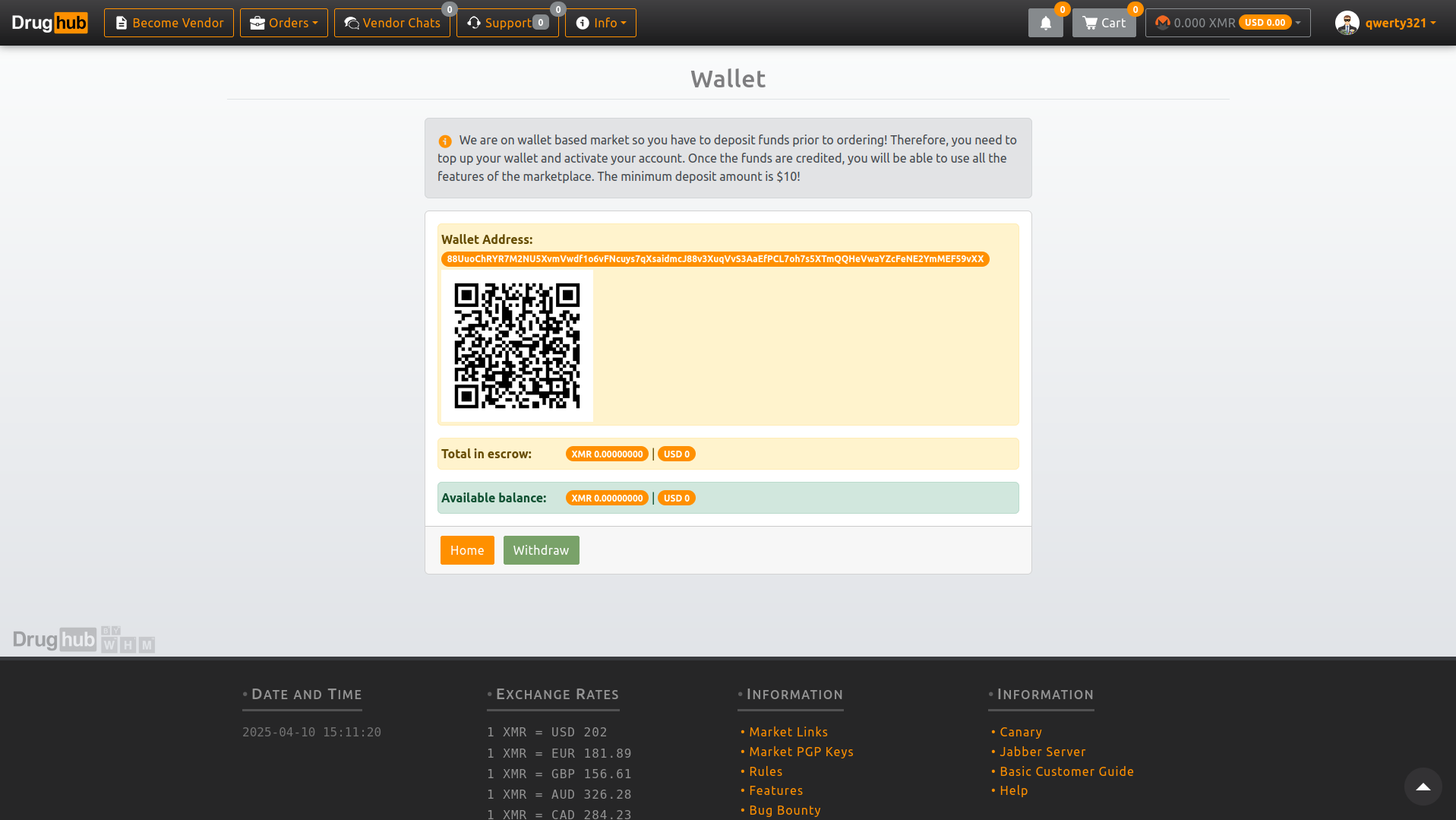 Monero wallet interface for DrugHub Market